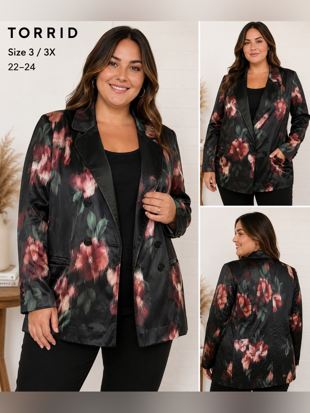 Torrid Size 3 / 3X Floral Satin Double Breasted Blazer Black feminine romantic